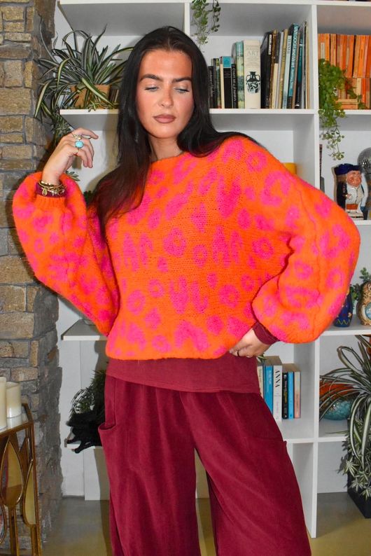 Big Softie Leopard Roo Knit Aperol & Hot Pink